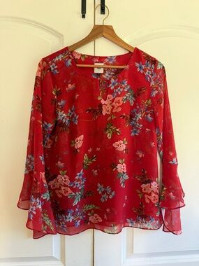 CAbi Red Floral V-Neck Bell Sleeve Blouse